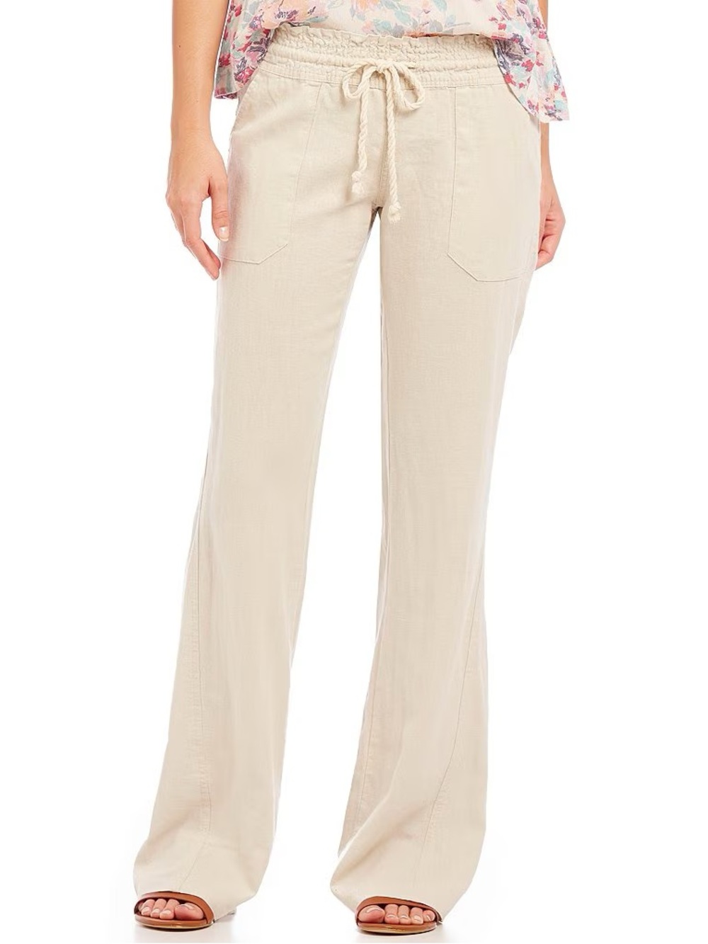 Roxy Women's Oceanside Cream Drawstring Wide-Leg Linen Beach Pants Large NWT